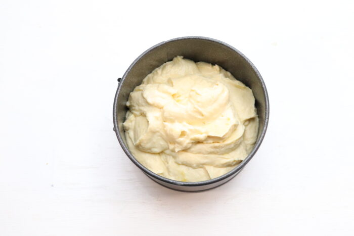 weight watchers zero point cheesecake in a springform pan ready to bake